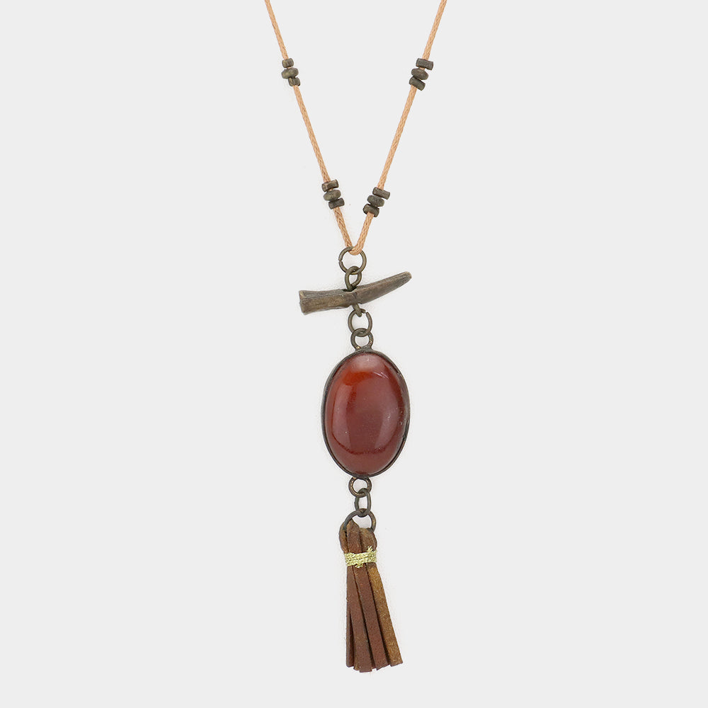 Oval Stone with Faux Leather Tassel Long Necklace