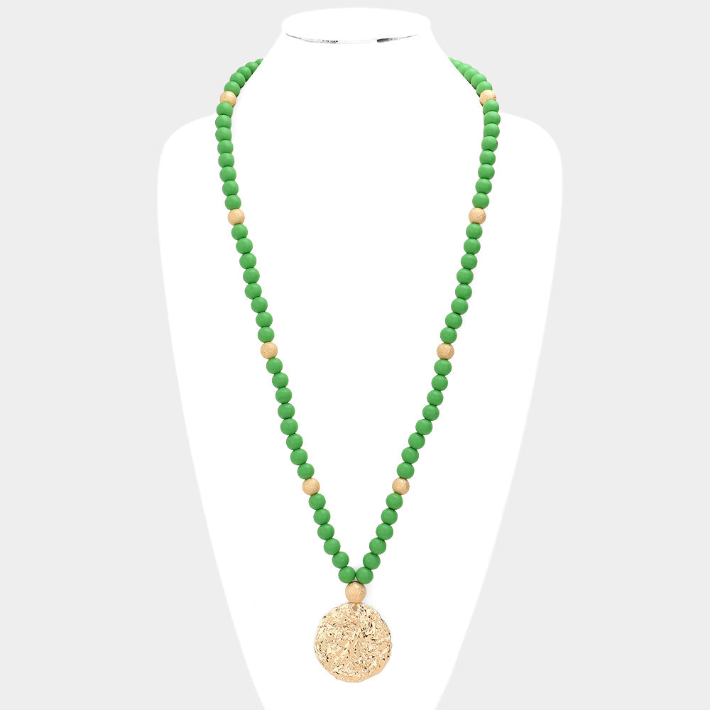 Hammered Metal Round Pendant Wood Beaded Long Necklace