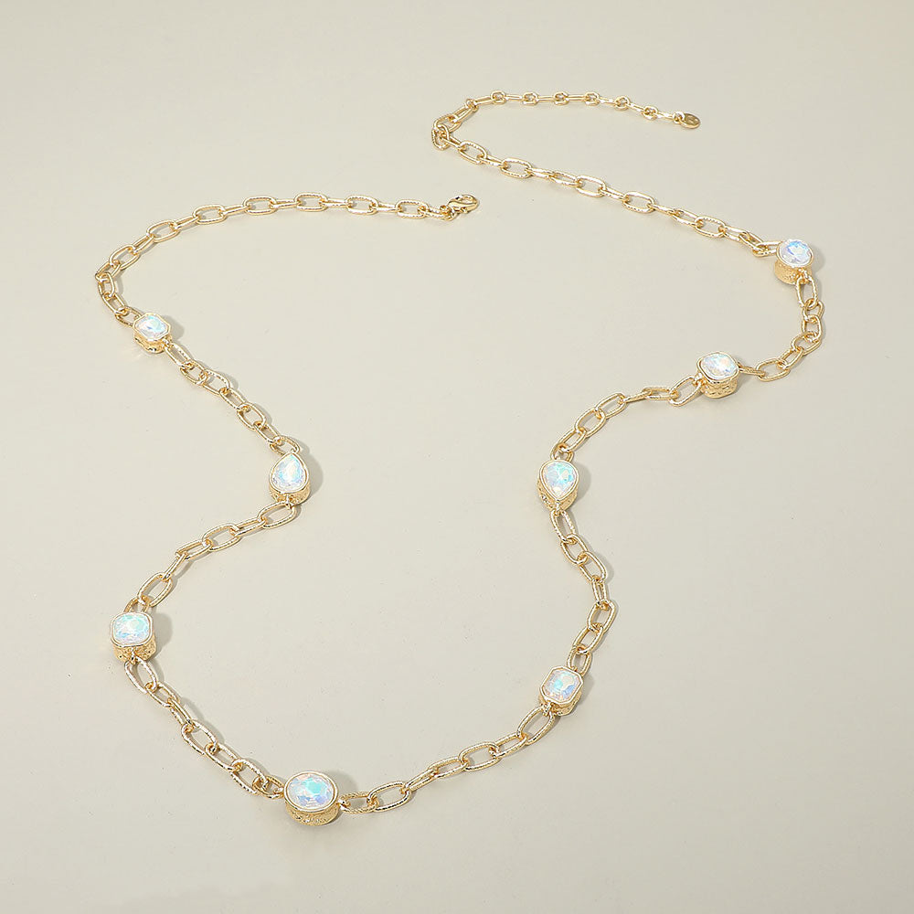 Elegant Faceted Square Teardrop Oval Emerald Stone Accent Long Necklace