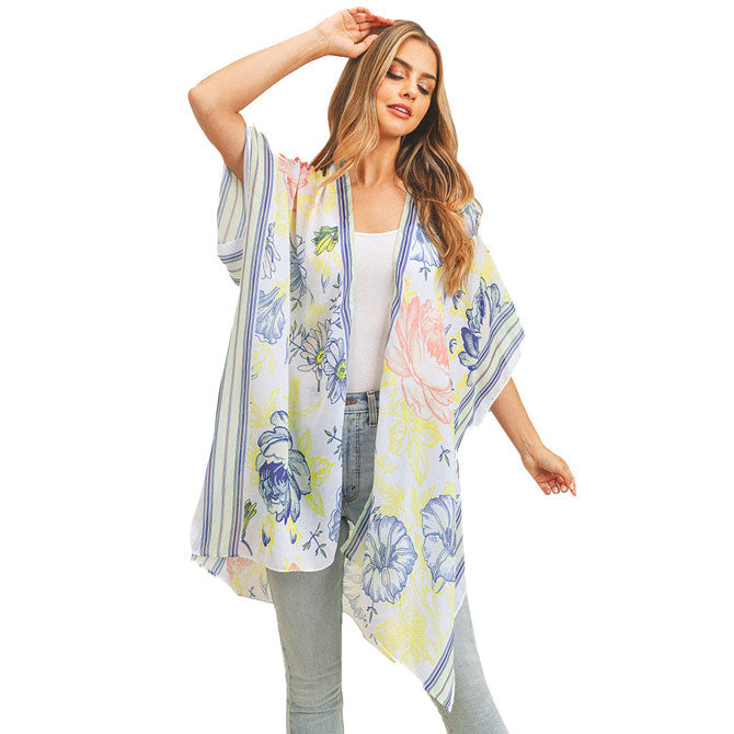 Multi Flower Patterned Cover Up Kimono Poncho