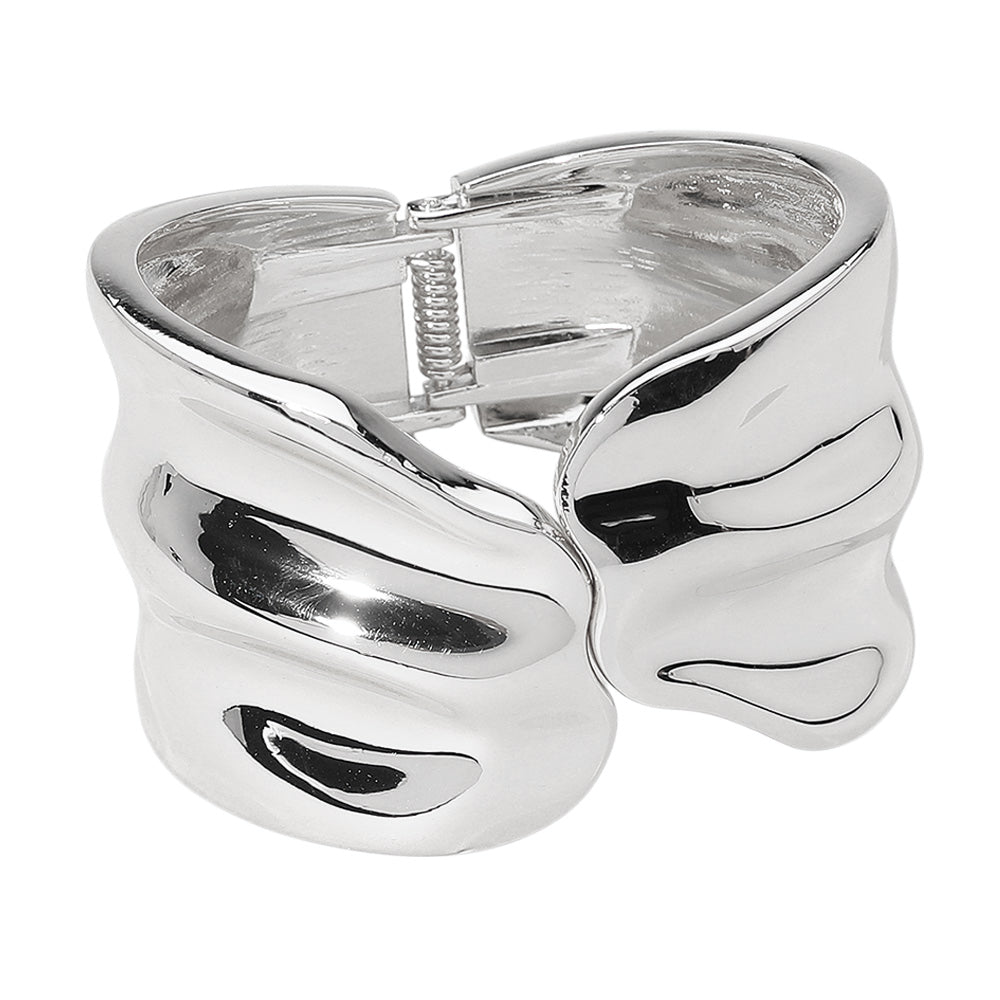 Sculpted Wavy Wide Metal Hinged Bangle Bracelet