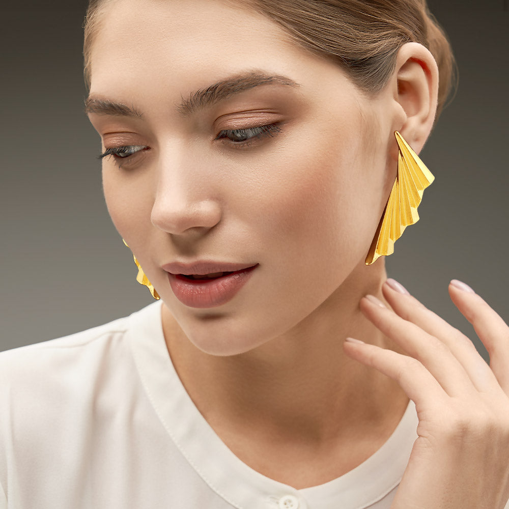 Bold Metal Sculpted Fan Drop Earrings