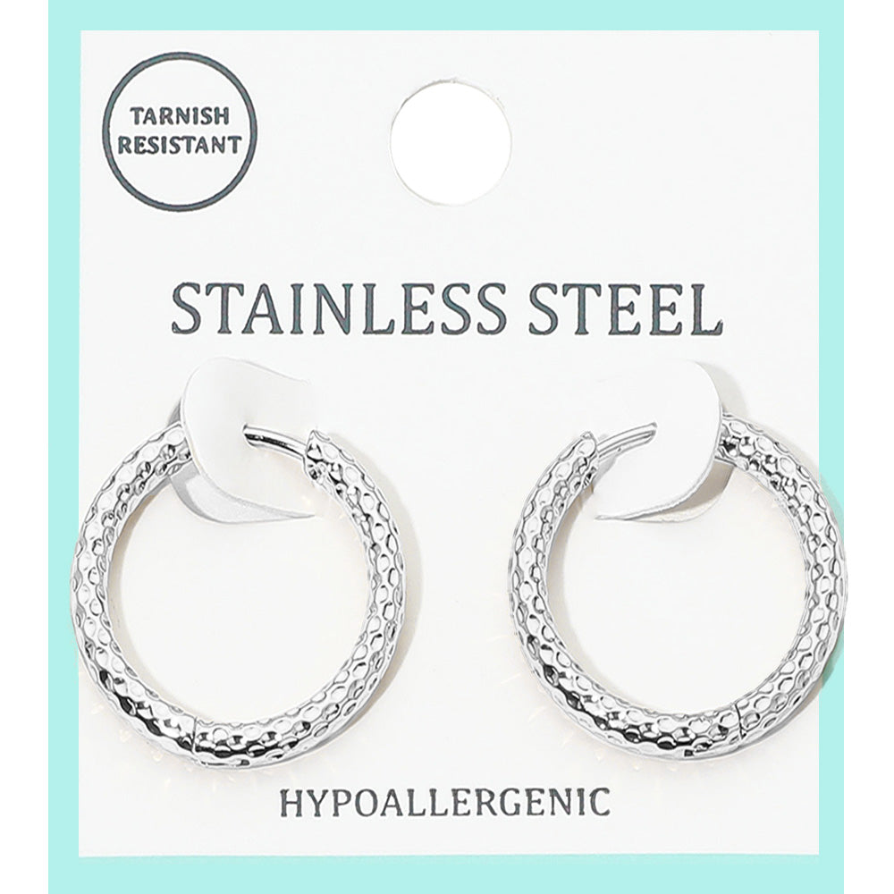 Stainless Steel Hammered Huggie Hoop Earrings