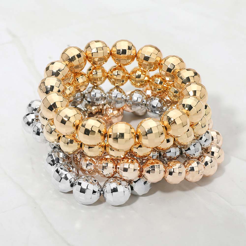 5PCS - Faceted Metal Ball Beaded Stretch Multi Layered Bracelets
