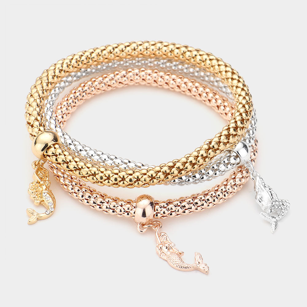 3PCS - Rhinestone Embellished Metal Mermaid Charm Stretch Bracelets