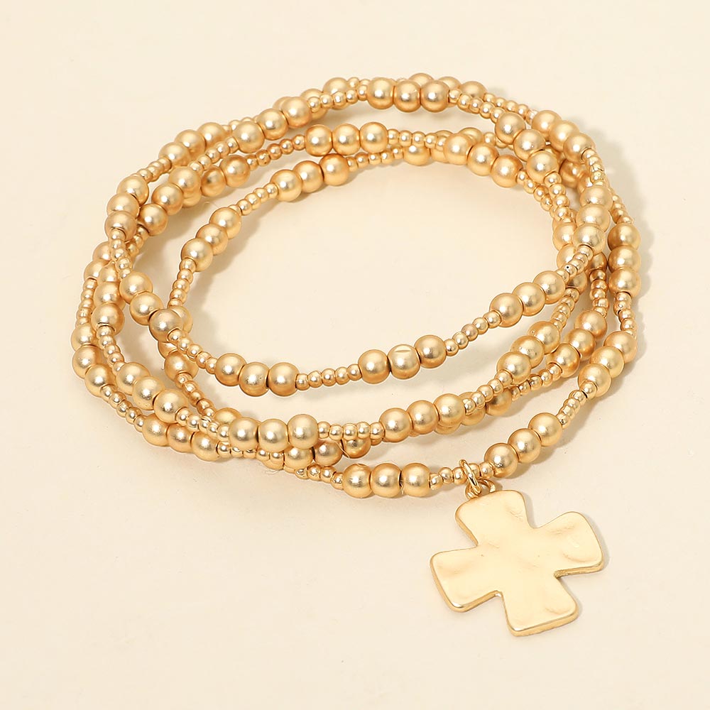 4PCS - Brushed Hammered Metal Cross Plate Charm Accent Metal Ball Beaded Stretch Multi Layered Bracelets