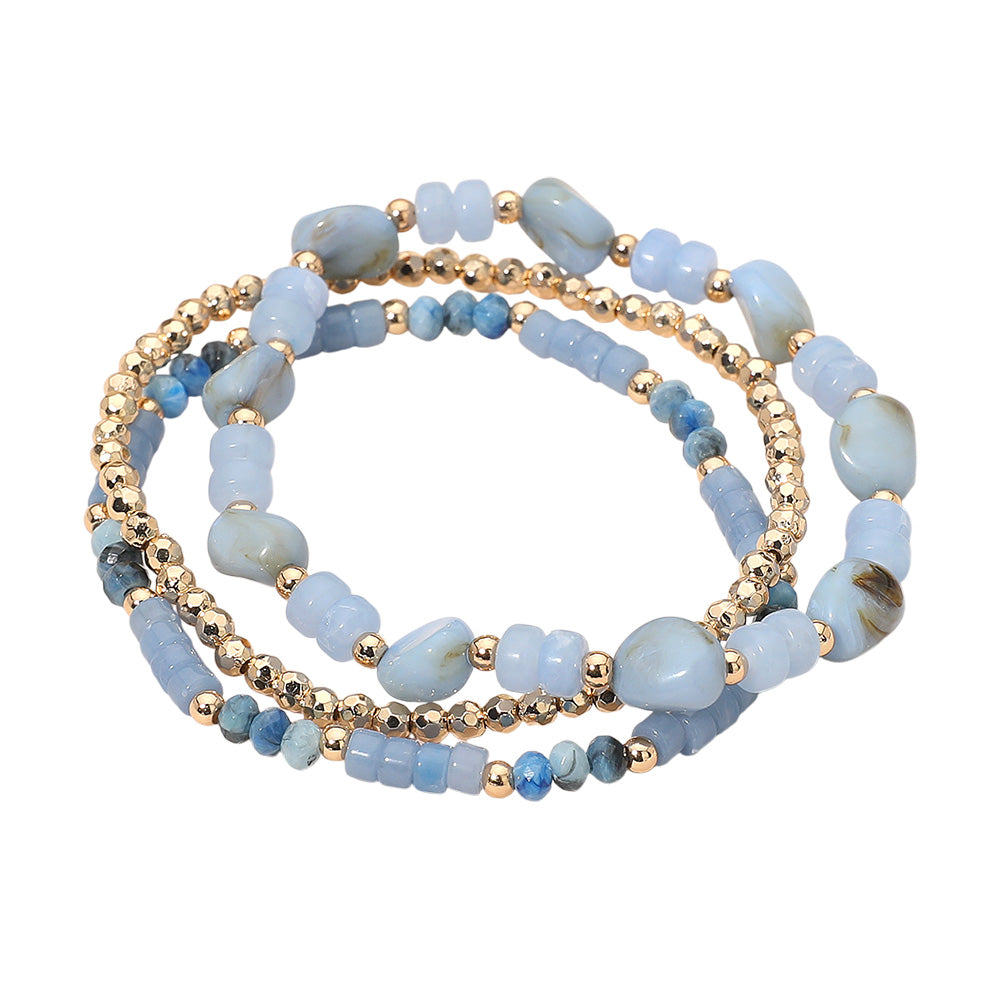 3PCS - Resin Pebble Metal Ball Beaded Stretch Multi Layered Bracelets