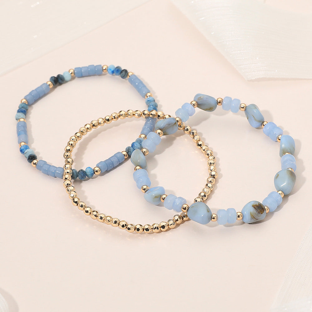 3PCS - Resin Pebble Metal Ball Beaded Stretch Multi Layered Bracelets