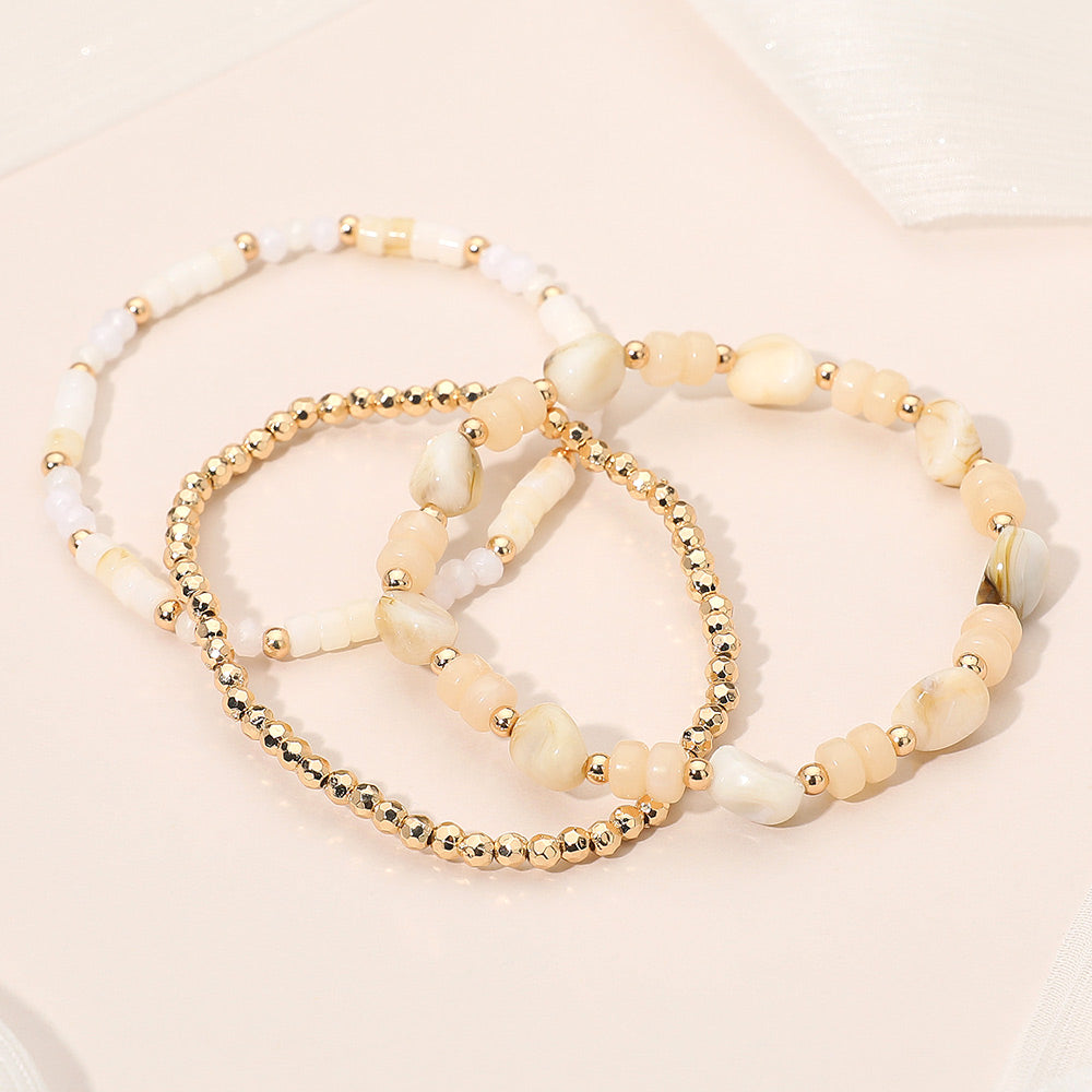 3PCS - Resin Pebble Metal Ball Beaded Stretch Multi Layered Bracelets
