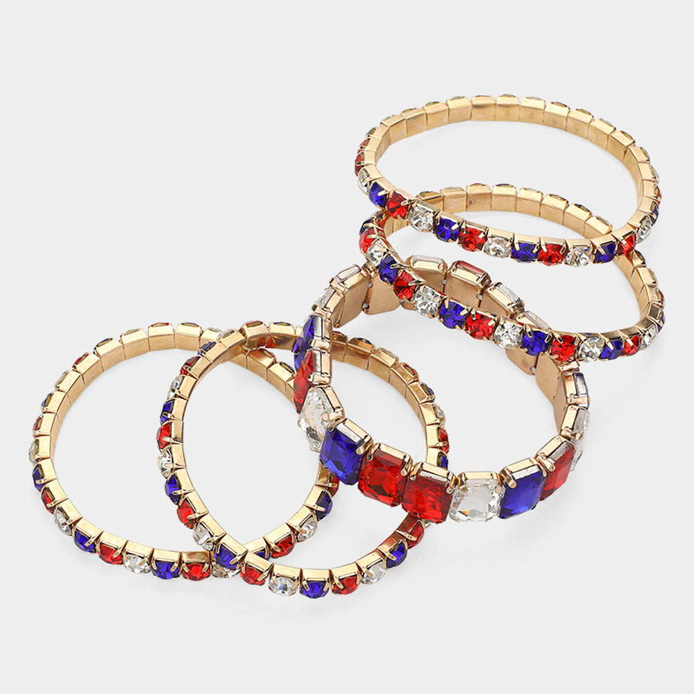 Women's 5Pcs Rectangle Round Stone Stretch Multi Layered Bracelets
