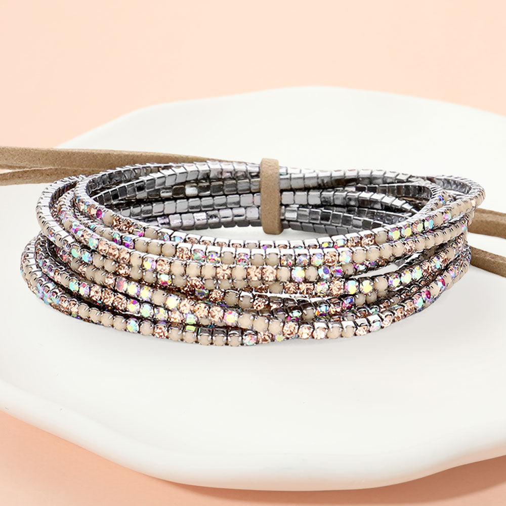 12PCS Ribbon Colorful Rhinestone Layered Stretch Bracelets