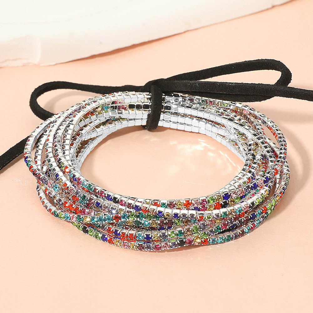 12PCS Ribbon Colorful Rhinestone Layered Stretch Bracelets