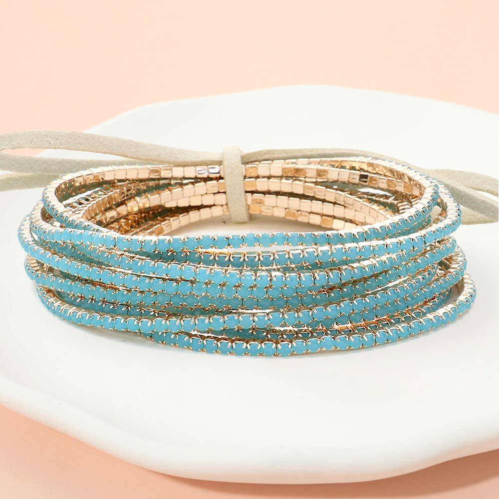 12PCS Ribbon Colorful Rhinestone Layered Stretch Bracelets