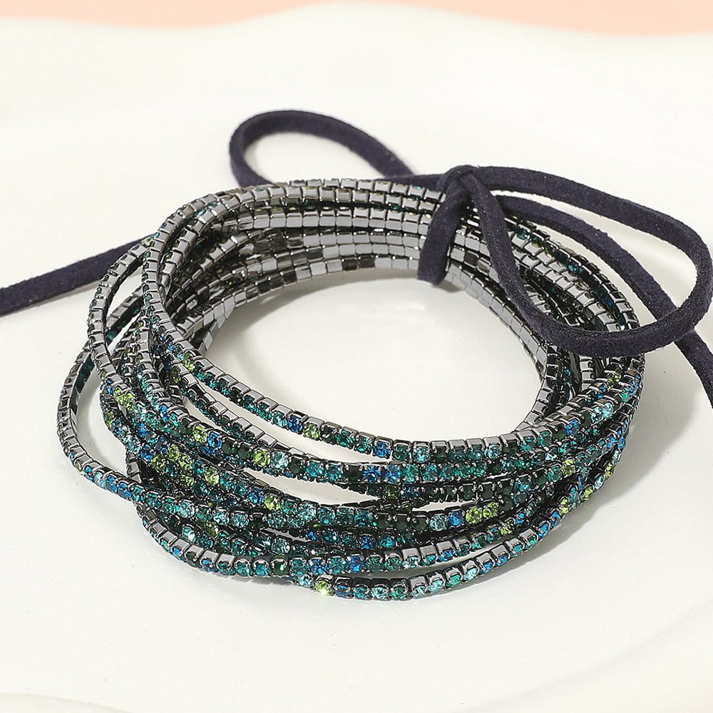 12PCS Ribbon Colorful Rhinestone Layered Stretch Bracelets