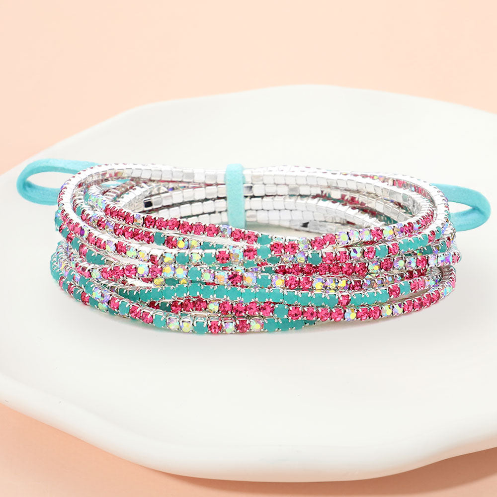 12PCS Ribbon Colorful Rhinestone Layered Stretch Bracelets
