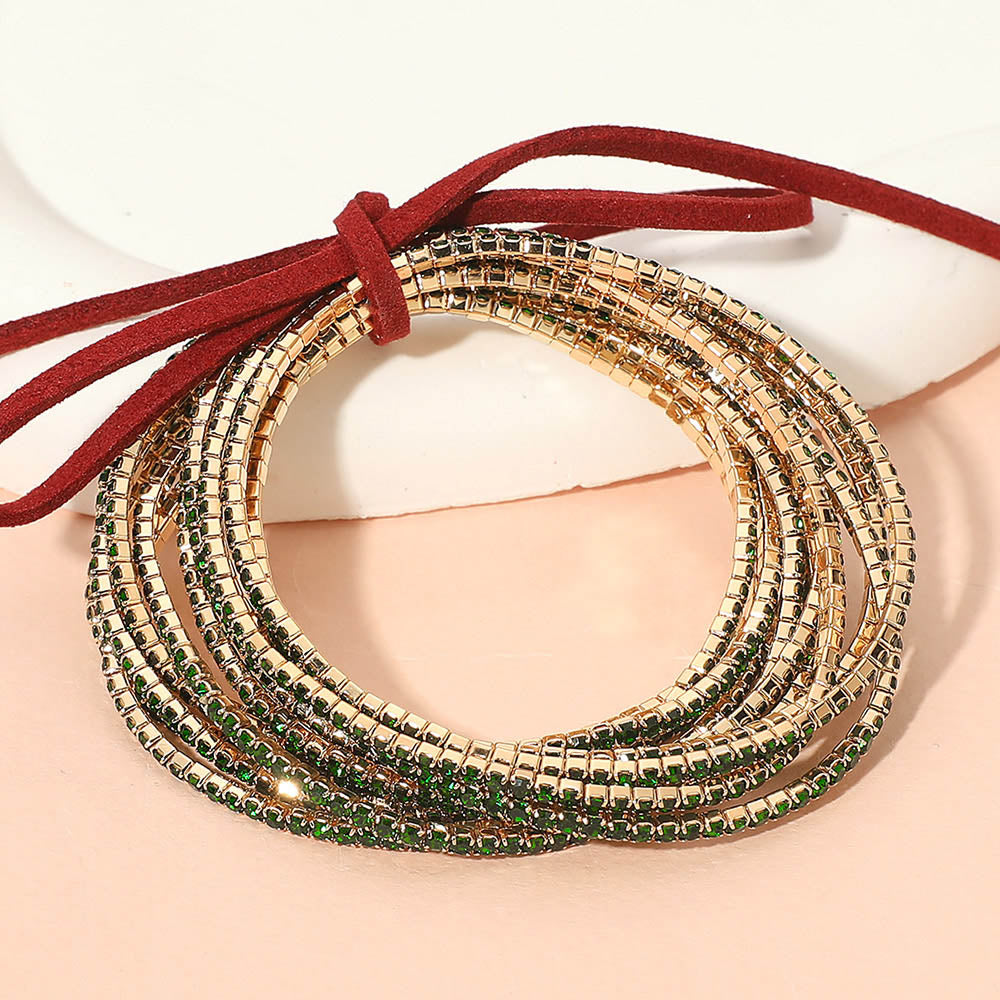 12PCS Ribbon Colorful Rhinestone Layered Stretch Bracelets
