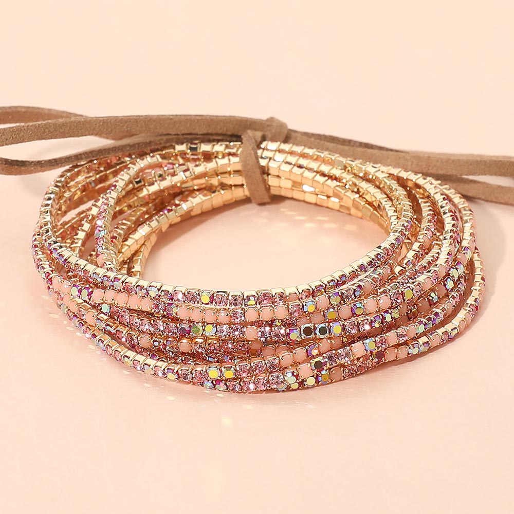 12PCS Ribbon Colorful Rhinestone Layered Stretch Bracelets