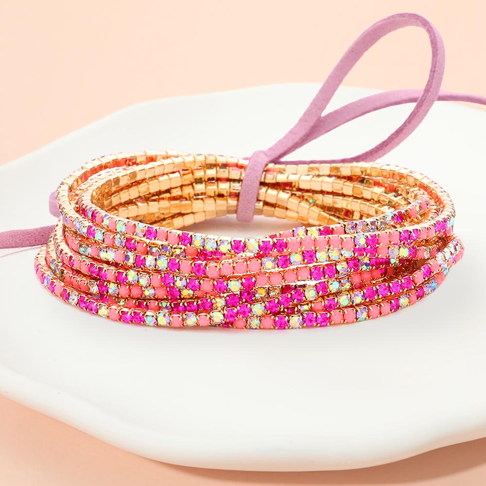 12PCS Ribbon Colorful Rhinestone Layered Stretch Bracelets