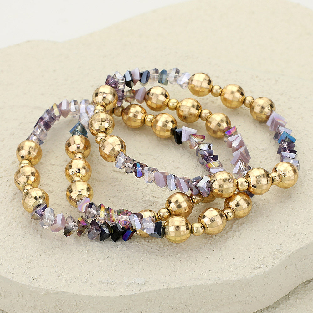 3PCS - Metal Ball Faceted Beaded Stretch Multi Layered Bracelets