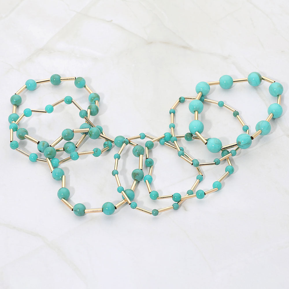 7PCS - Resin Ball Metal Bar Beaded Stretch Multi Layered Bracelets
