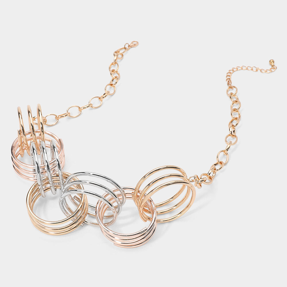 Abstract Triple Metal Wire Ring Link Statement Necklace