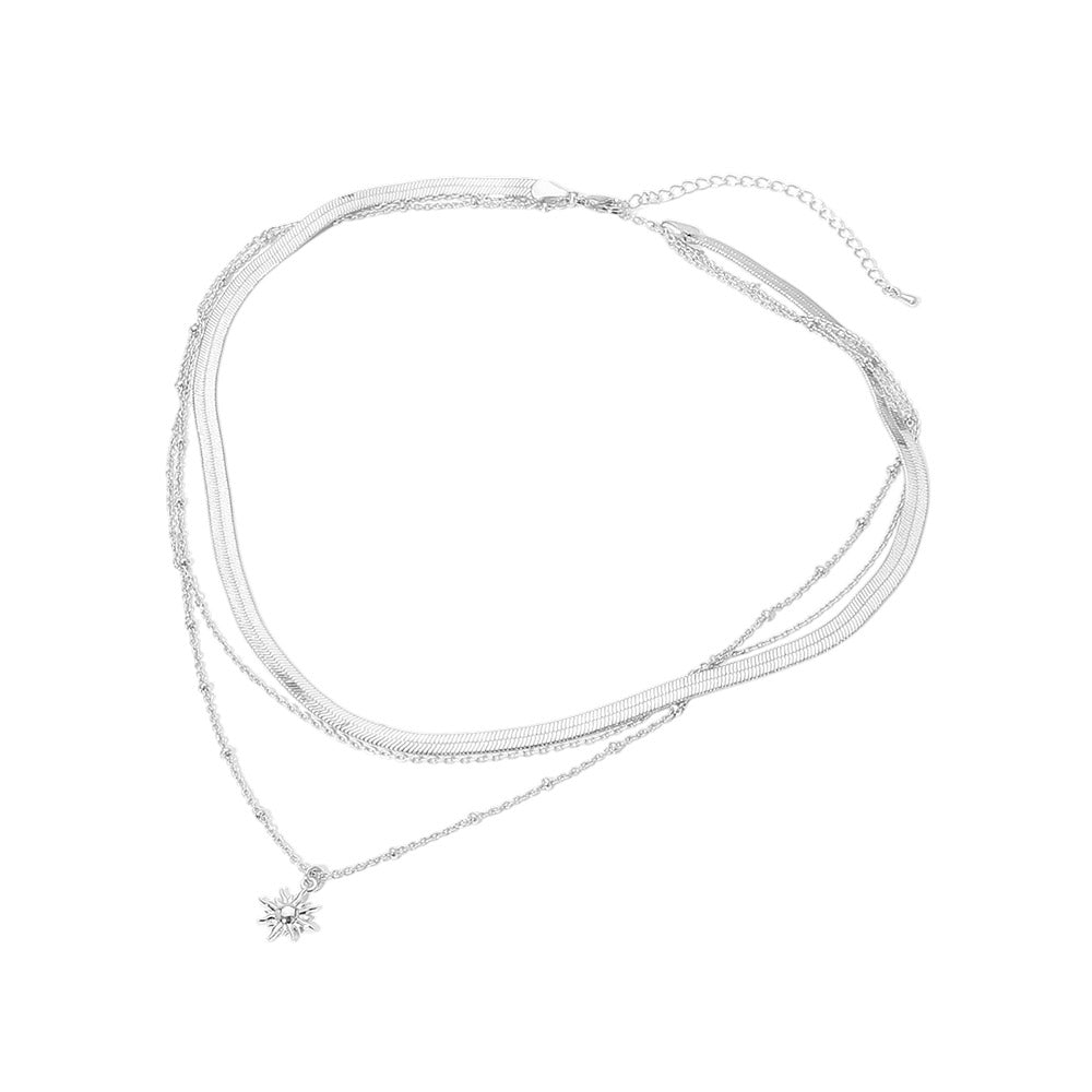 White Gold Dipped Sunburst Charm Pendant Herringbone Chain Layered Necklace