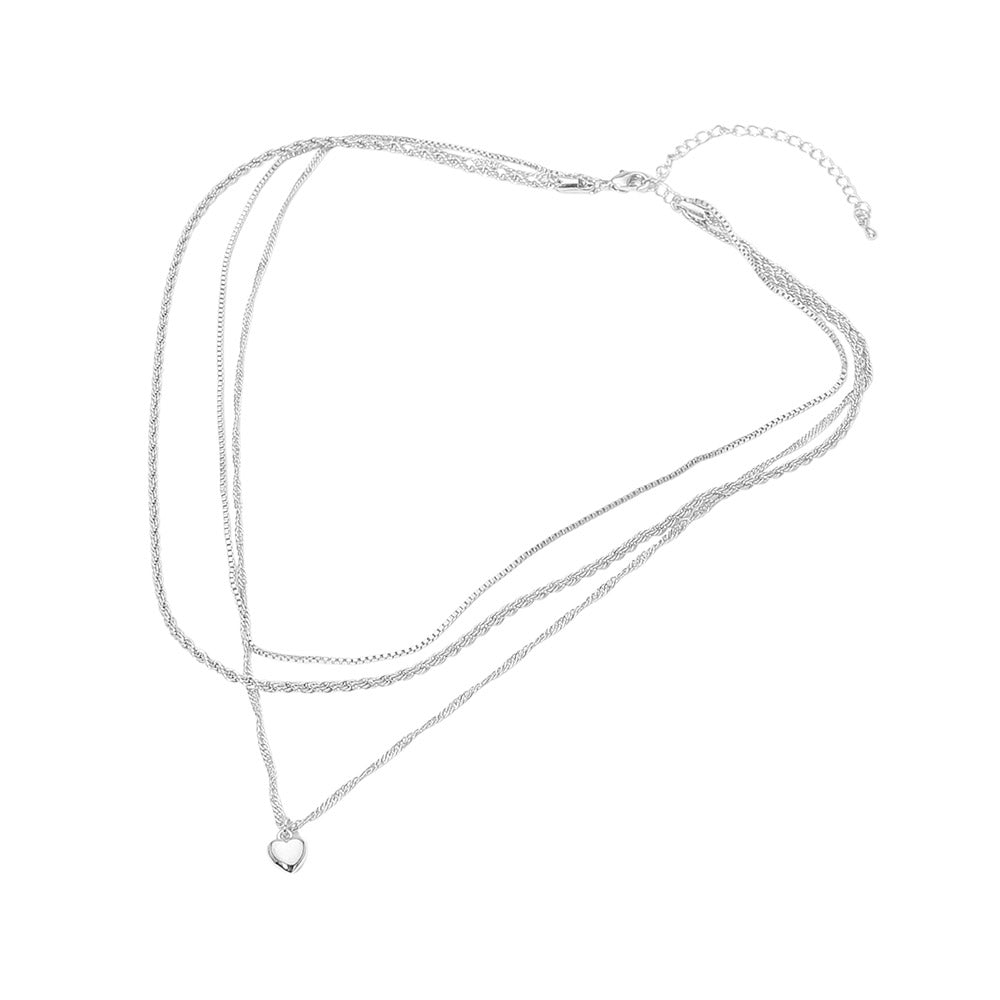 White Gold Dipped Heart Charm Pendant Accent Mixed Chain Layered Necklace