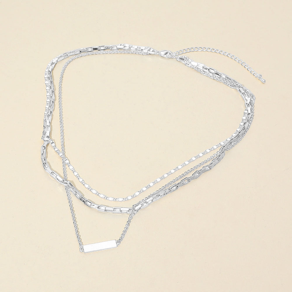White Gold Dipped Bar Pendant Layered Mixed Chain Layered Necklace