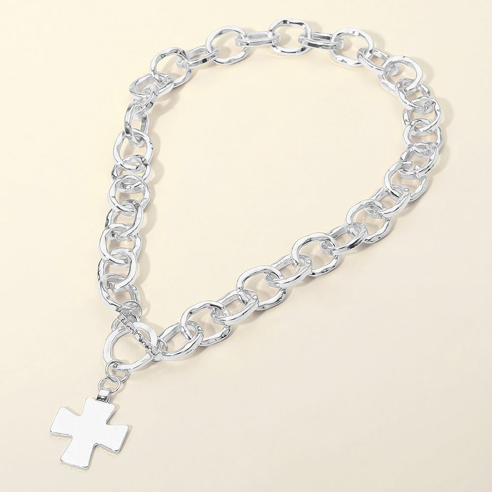 Cross Charm Chunky Chain Toggle Necklace