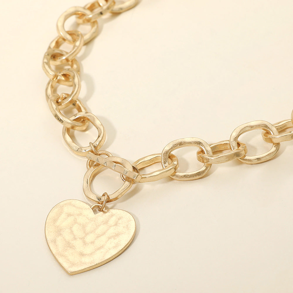 Hammered Metal Heart Charm Chunky Chain Toggle Necklace