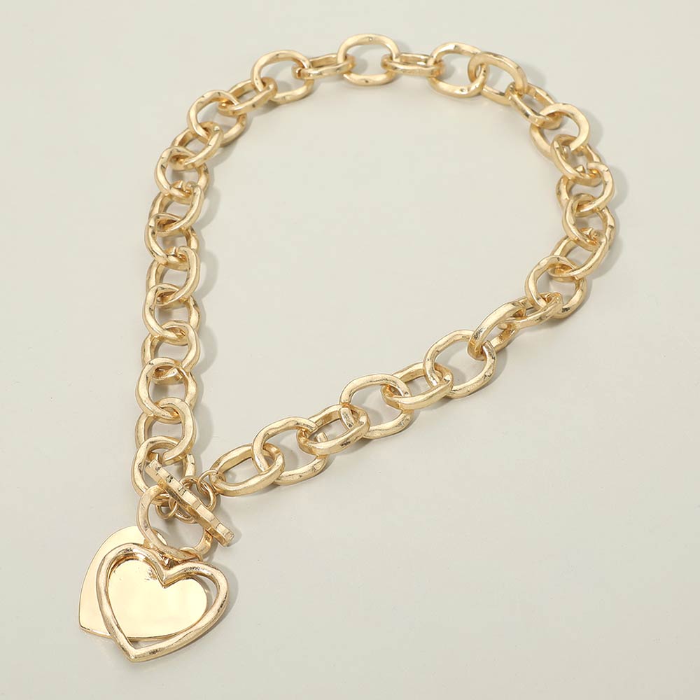Hammered Layered Heart Pendant Chunky Chain Toggle Necklace