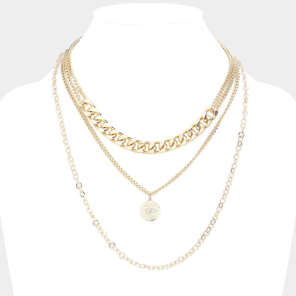 Rhinestone Embellished Evil Eye Metal Disc Pendant Triple Layered Necklace