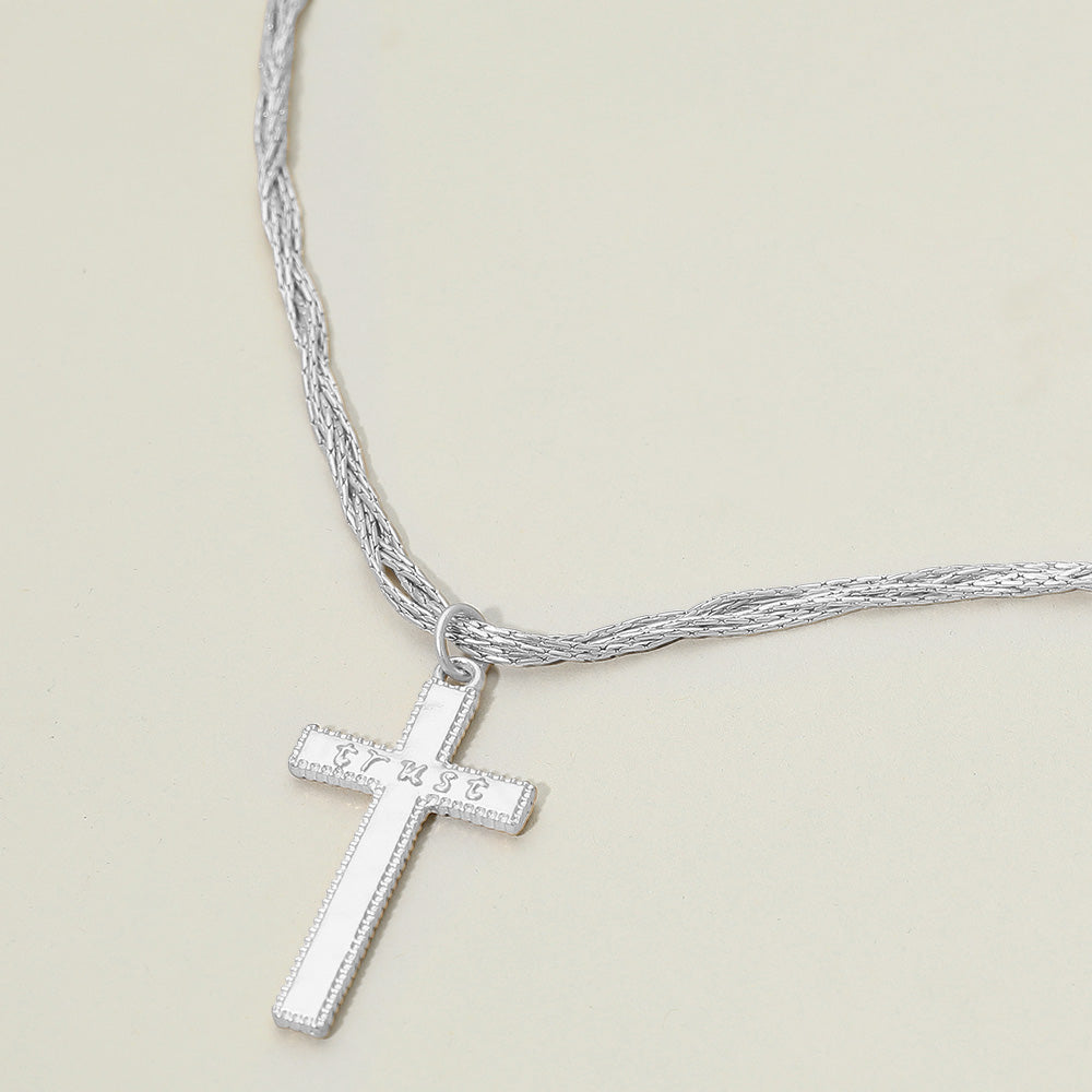 TRUST Engraved Cross Pendant Twisted Multi Metal Chain Necklace