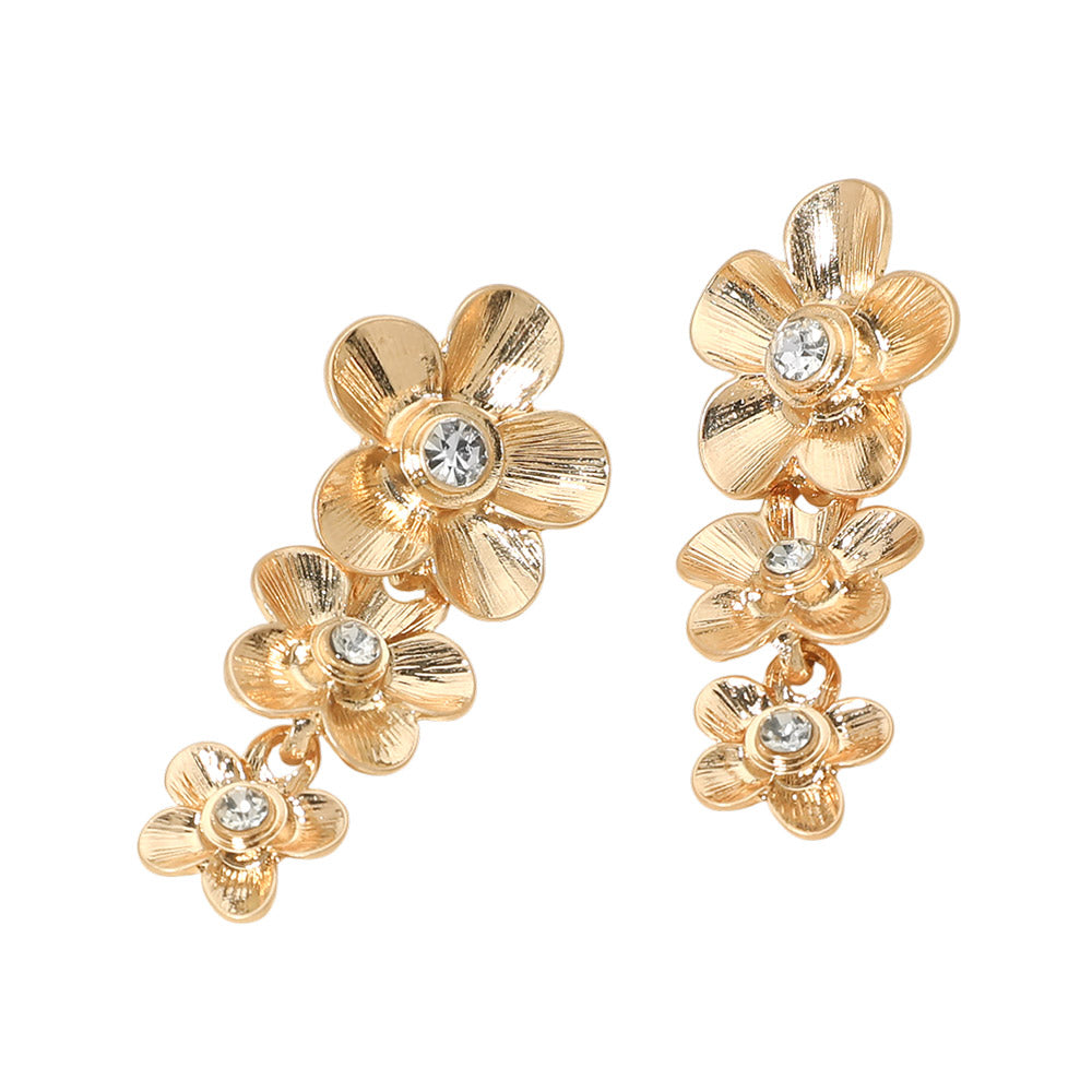 Stone Accent Triple Floral Link Drop Earrings
