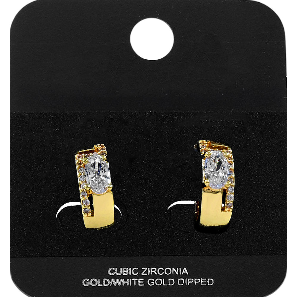 Gold Dipped Oval CZ Accent Mini Open Hoop Earrings