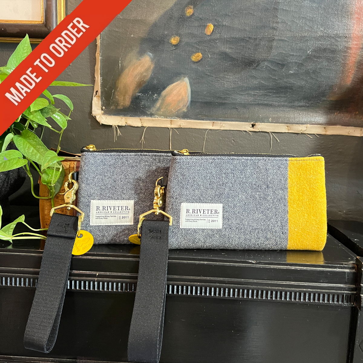 Lucy Wristlet | Limited-Edition USMA Gray Wool Blanket with Yellow Stripe
