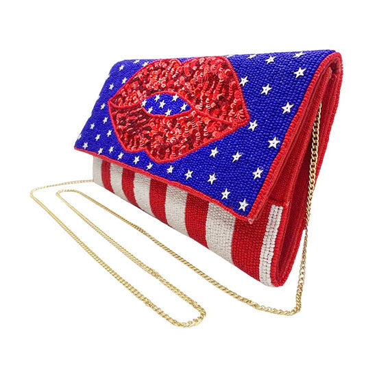 American USA Flag Lips Seed Beaded Clutch Crossbody Bag