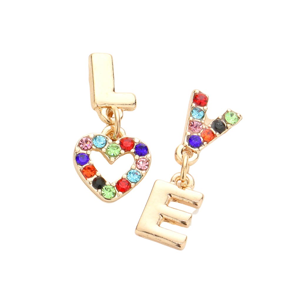 LOVE Rhinestone Message Mismatched Dangle Earrings
