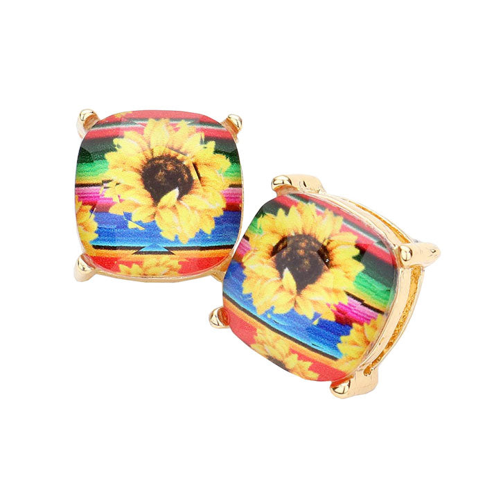 Sunflower Printed Square Stud Earrings