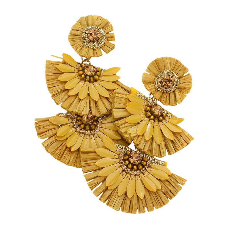 Stone Embellished Half Round Raffia Link Dangle Earrings