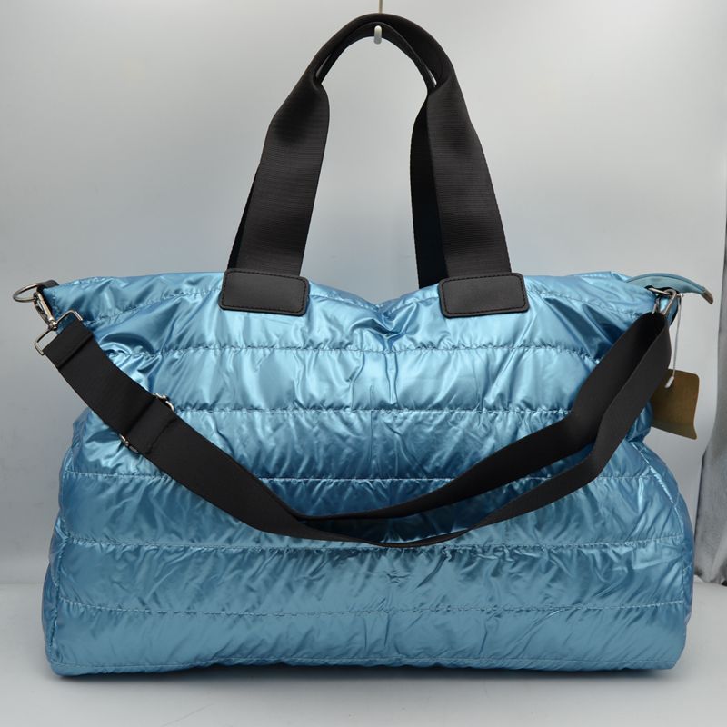Horizontal Puffer Quilted Weekender Travel Duffel Bag with Shoulder Strap
