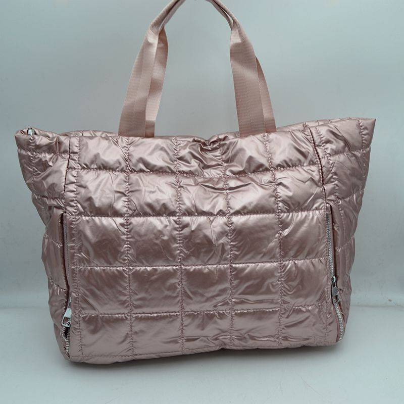 Grid Quilted Puffer Weekender Travel Duffel Bag with Exterior Zipper Pockets