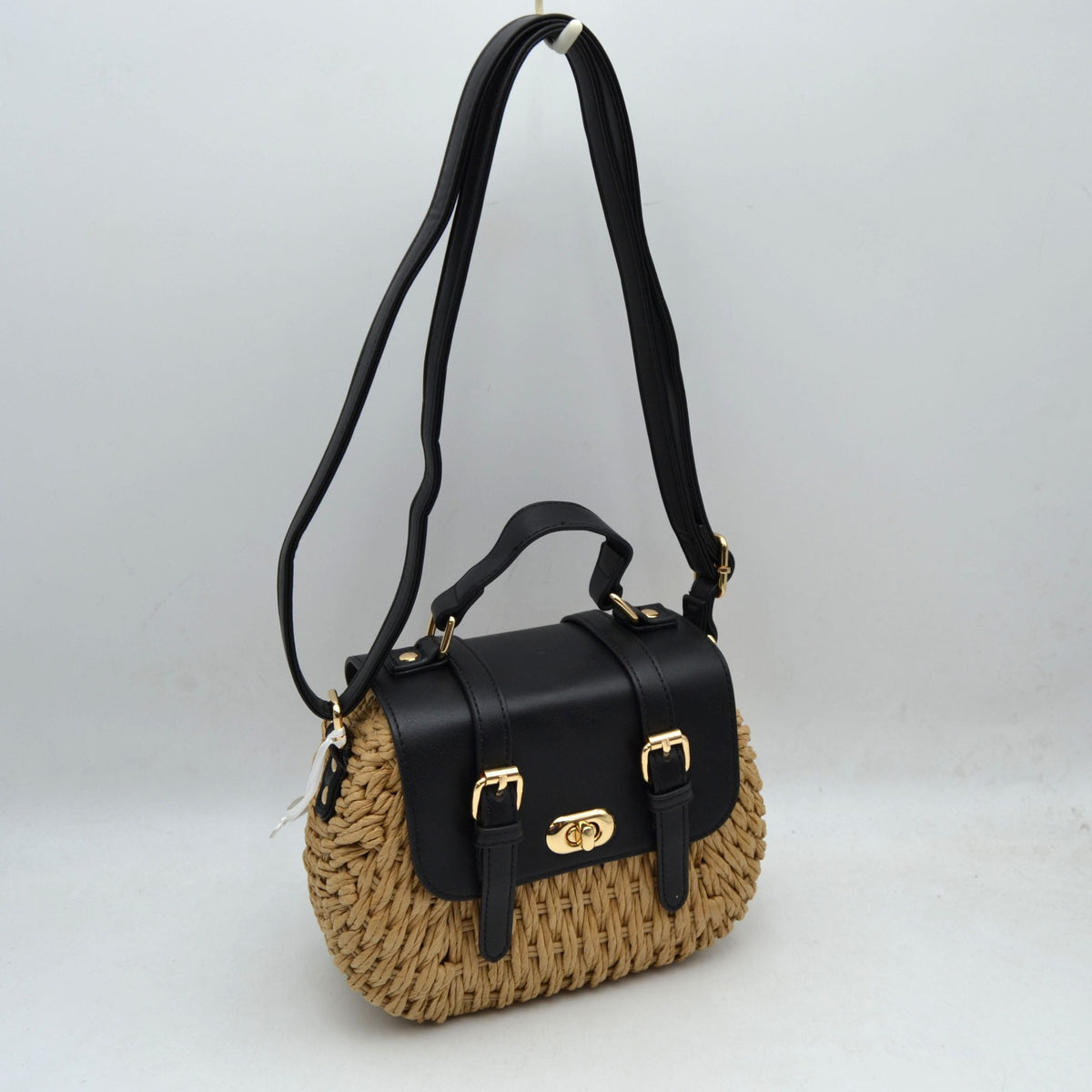 Woven Straw Satchel Bag with Faux Leather Flap and Double Buckle Accent