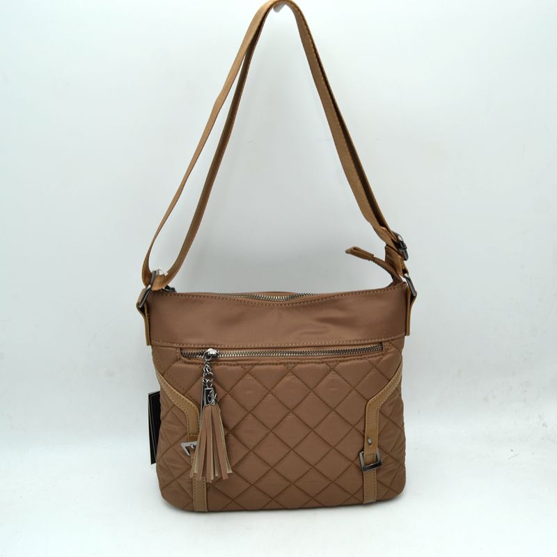 Quilted Nylon Crossbody Bag with Buckle Accents and Tassel Charm