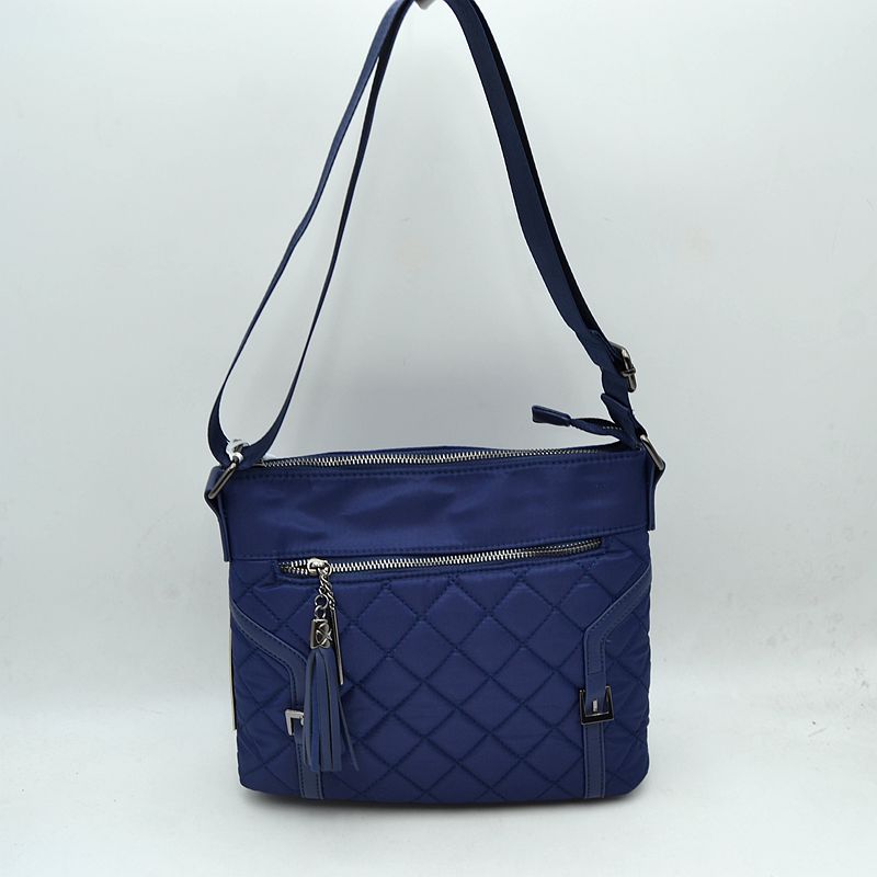 Quilted Nylon Crossbody Bag with Buckle Accents and Tassel Charm
