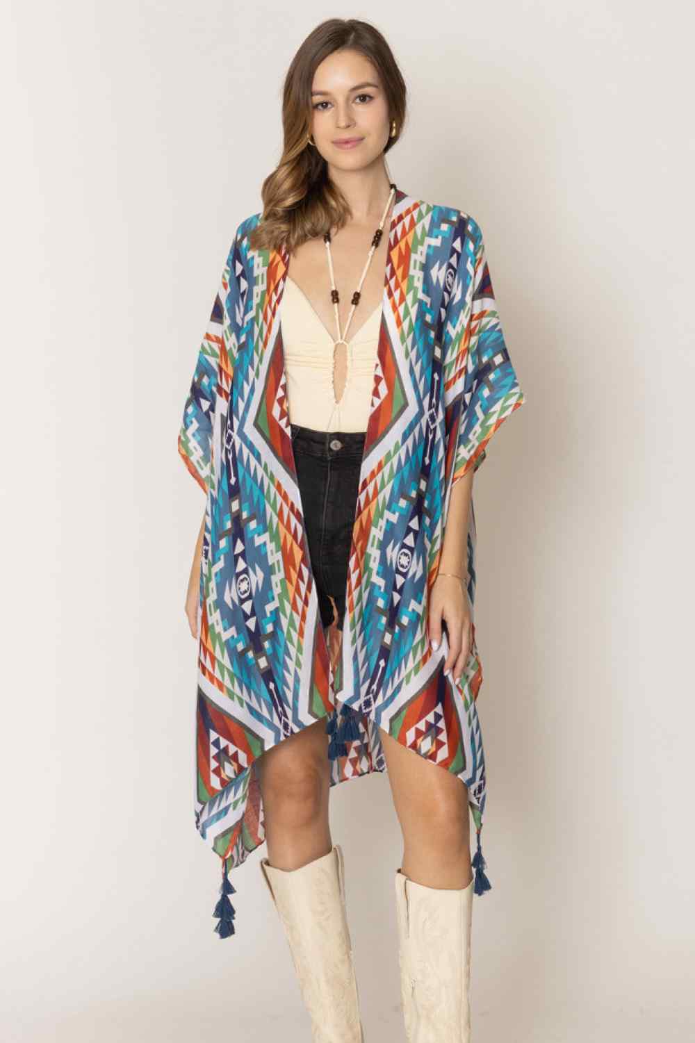 Versatile Aztec Pattern Print Tassel Kimono
