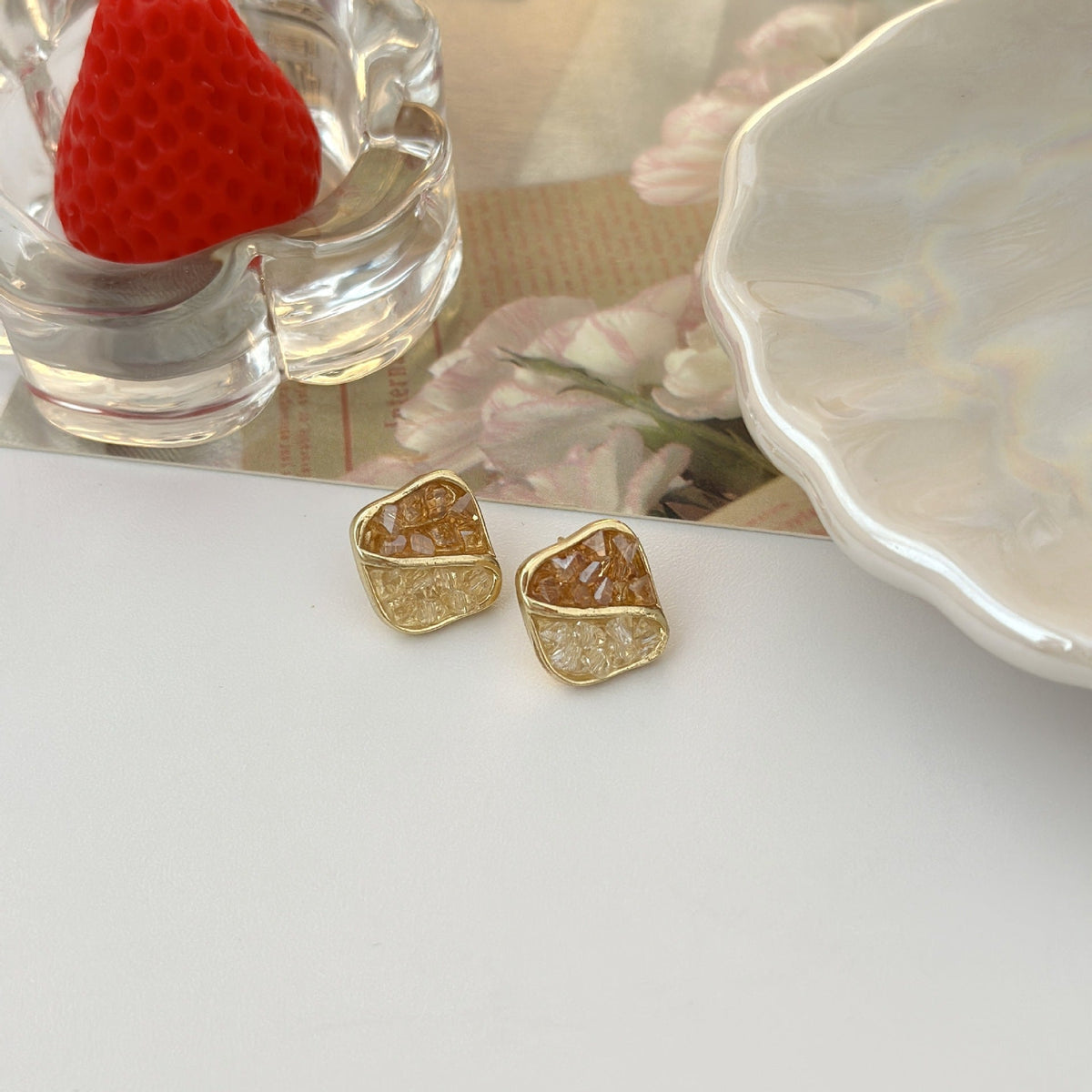 Sier Needle Light Luxury High-grade Gradient Crystal Design Square Color Earrings