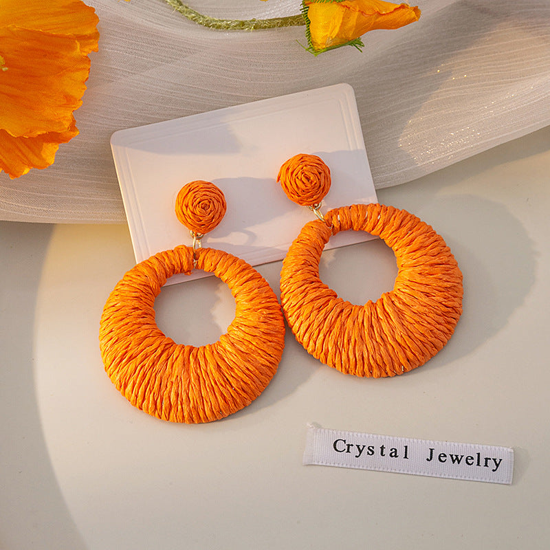 Women's Style Round Colorful Raffia Woven Hollowed Earrings