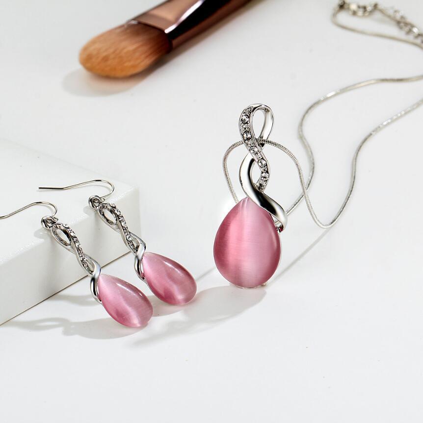 Simple Pink Water Drop Cat's Eye Rhinestone Jewelry Set