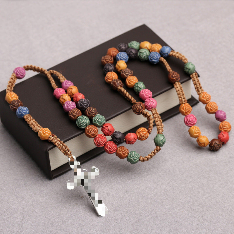 Rose Color Cross Rosary Teach Beading Necklaces